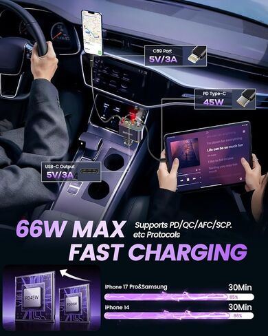 ترقية 2026 شاحن سيارة قابل للسحب 5 في 1 USB C - شاحن هاتف سيارة قابل للسحب سريع الشحن مع موزع معطر هواء للسيارة - محول ولاعة سجائر بقدرة 66 وات USB-C/Type-C لهاتف iPhone17/16/15/14 in Kuwait