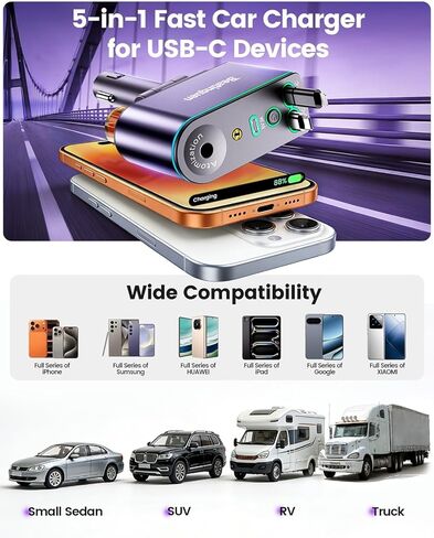 ترقية 2026 شاحن سيارة قابل للسحب 5 في 1 USB C - شاحن هاتف سيارة قابل للسحب سريع الشحن مع موزع معطر هواء للسيارة - محول ولاعة سجائر بقدرة 66 وات USB-C/Type-C لهاتف iPhone17/16/15/14 in Kuwait