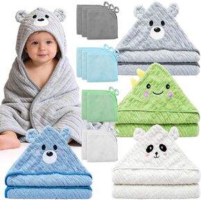 مجموعة مناشف حمام للأطفال مكونة من 14 قطعة، 4 قطع مناشف أطفال بغطاء للرأس و10 قطع مناشف حمام، فائقة النعومة والامتصاص لحديثي الولادة للرضع والأطفال الصغار in Kuwait