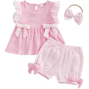 FOCUSNORM Toddler Baby Girl Outfits Plaid Flying Sleeve Ruffle Tops Shorts Sets and Headband Infant Baby Girl Summer Clothes in Kuwait