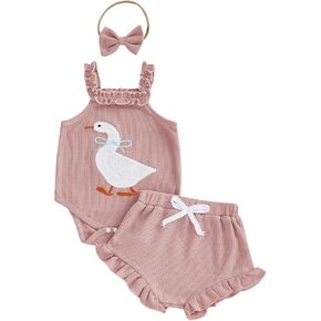 Newborn Baby Girl Clothes Silly Goose Outfit Waffle Knit Sleeveless Romper Ruffle Shorts Set Spring Summer Clothes in Kuwait