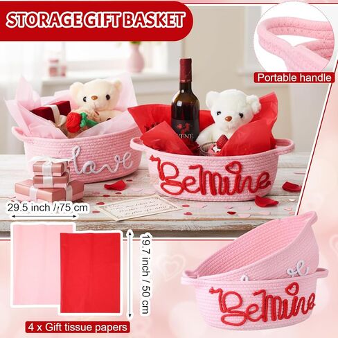 Bucherry 2 Sets Valentine's Day Gift Basket Set with Handles Include 2 Decorative Rope Woven Gift Basket Storage Organizer Cube and Tissue Papers for Anniversary Party Supplies (Text Style,Pink) in Saudi Arabia