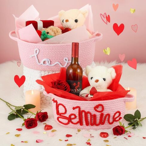 Bucherry 2 Sets Valentine's Day Gift Basket Set with Handles Include 2 Decorative Rope Woven Gift Basket Storage Organizer Cube and Tissue Papers for Anniversary Party Supplies (Text Style,Pink) in Saudi Arabia
