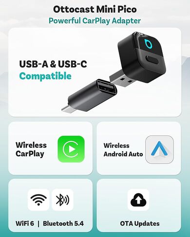 محول OTTOCAST Mini Pico 2026 اللاسلكي CarPlay لأجهزة iPhone وAndroid - قم بتوصيل وتشغيل محول Android التلقائي، اتصال سريع، صغير وموفر للمساحة in Kuwait