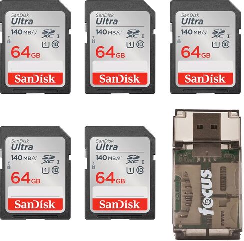 SanDisk 64GB Ultra Class 10 140 MB/s UHS-I SDXC Memory Card (5-Pack) Bundle with All-in-One High Speed Card Reader (6 Items) in Saudi Arabia