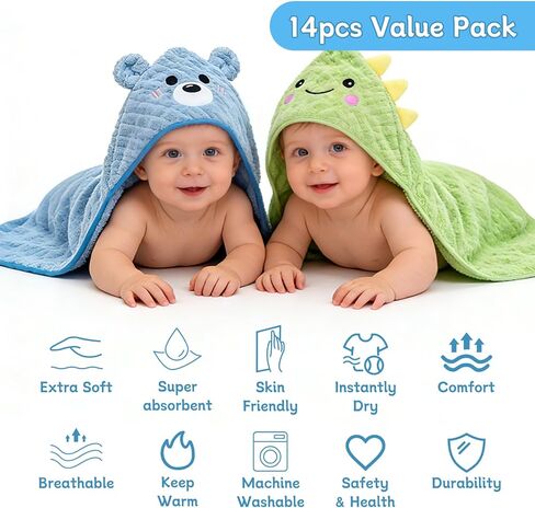 مجموعة مناشف حمام للأطفال مكونة من 14 قطعة، 4 قطع مناشف أطفال بغطاء للرأس و10 قطع مناشف حمام، فائقة النعومة والامتصاص لحديثي الولادة للرضع والأطفال الصغار in Kuwait