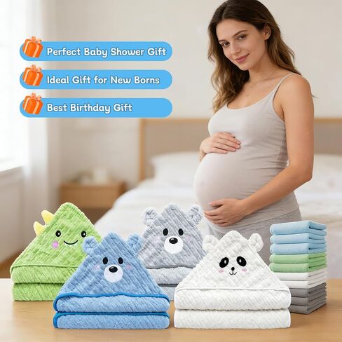 مجموعة مناشف حمام للأطفال مكونة من 14 قطعة، 4 قطع مناشف أطفال بغطاء للرأس و10 قطع مناشف حمام، فائقة النعومة والامتصاص لحديثي الولادة للرضع والأطفال الصغار in Kuwait