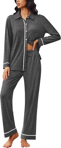 Ekouaer Womens Pajama Sets Long Sleeve Sleepwear Soft Button Down Pjs 2 Piece Loungewear witn Pants S-XXL in Saudi Arabia