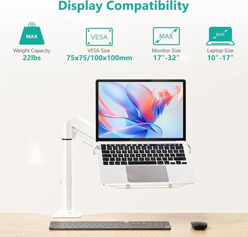 WALI Laptop Tray Desk Mount, Laptop Arm Mount Fits 10-15.6 Inch Notebook, 2-in-1 Gas Spring Monitor Arm for 17-32 Inch Computer Screen, Holds up to 22lbs(GSDM00LPW), White in Saudi Arabia