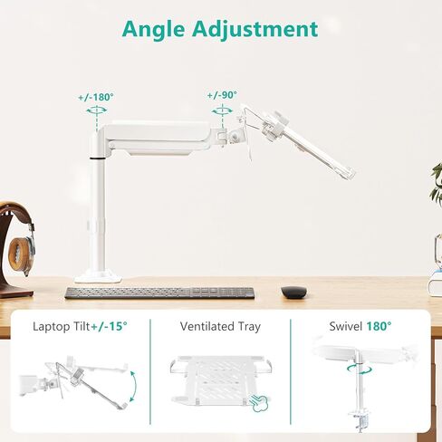 WALI Laptop Tray Desk Mount, Laptop Arm Mount Fits 10-15.6 Inch Notebook, 2-in-1 Gas Spring Monitor Arm for 17-32 Inch Computer Screen, Holds up to 22lbs(GSDM00LPW), White in Saudi Arabia