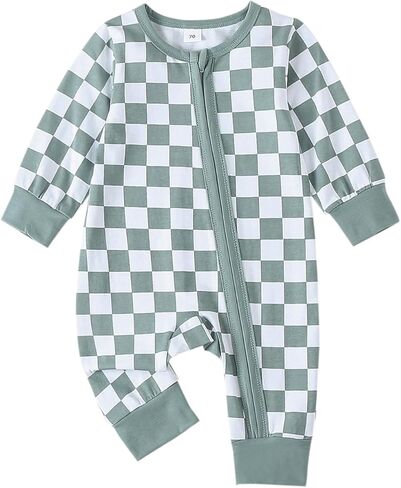 Newborn Boy Outfits Checkered Jumpsuit Long Sleeve Zipper Romper Plaid Bodysuit Fall Winter One Piece Outfit in Saudi Arabia
