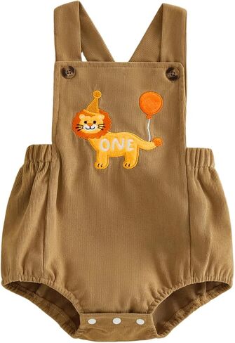 Lamuusaa Toddler Baby Boy Birthday Outfit One Animal Embroidery Romper Backless Bodysuit Jumpsuit Overalls Cake Smash Outfit in Saudi Arabia
