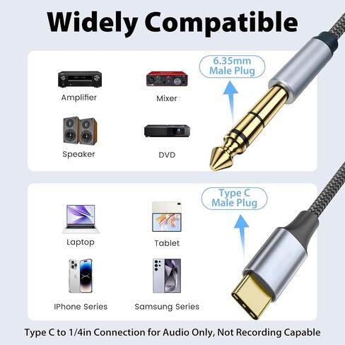 كابل صوت USB C إلى 1/4 بوصة، سلك محول USBC إلى 1/4 ستيريو موصلات مطلية بالذهب مضفرة من النوع C إلى 6.35 مم كابل TRS شريحة صوت مدمجة للجيتار ومكبر الصوت ومكبر الصوت وسماعات الرأس، 6.6 قدم in Kuwait