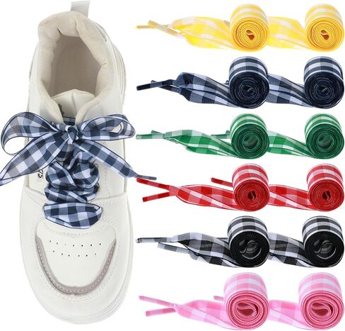 6 Pair Satin Ribbon Shoe Laces Women, Colored Gingham Flat Shoelaces for Sneakers Cute Funny Ballet Shoe Strings Bag Decoration (6 Colors) in Saudi Arabia