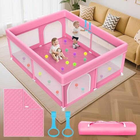 79x71 in Baby Playpen with Mat: Large Play Pen for Babies and Toddlers - Baby Gate Playpen with Soft Breathable Mesh - All-Wrapped Sponge Sturdy Safety Play Yard with 2 Handles & Bag, Pink in Saudi Arabia