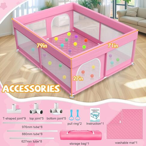 79x71 in Baby Playpen with Mat: Large Play Pen for Babies and Toddlers - Baby Gate Playpen with Soft Breathable Mesh - All-Wrapped Sponge Sturdy Safety Play Yard with 2 Handles & Bag, Pink in Saudi Arabia