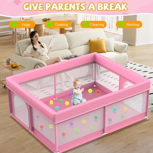 79x71 in Baby Playpen with Mat: Large Play Pen for Babies and Toddlers - Baby Gate Playpen with Soft Breathable Mesh - All-Wrapped Sponge Sturdy Safety Play Yard with 2 Handles & Bag, Pink in Saudi Arabia