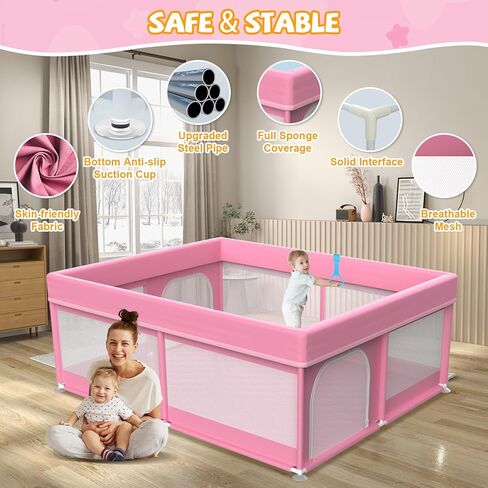 79x71 in Baby Playpen with Mat: Large Play Pen for Babies and Toddlers - Baby Gate Playpen with Soft Breathable Mesh - All-Wrapped Sponge Sturdy Safety Play Yard with 2 Handles & Bag, Pink in Saudi Arabia
