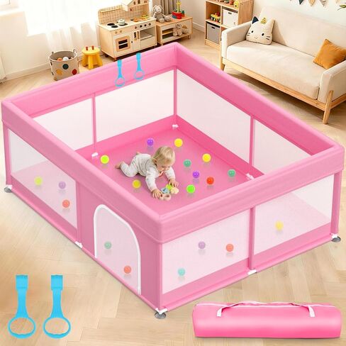 79x71 in Baby Playpen with Mat: Large Play Pen for Babies and Toddlers - Baby Gate Playpen with Soft Breathable Mesh - All-Wrapped Sponge Sturdy Safety Play Yard with 2 Handles & Bag, Pink in Saudi Arabia