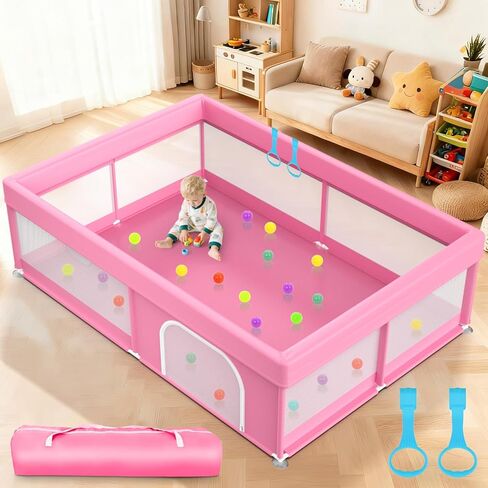 79x71 in Baby Playpen with Mat: Large Play Pen for Babies and Toddlers - Baby Gate Playpen with Soft Breathable Mesh - All-Wrapped Sponge Sturdy Safety Play Yard with 2 Handles & Bag, Pink in Saudi Arabia