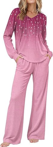 Ekouaer نساء Pajama تحدد الأكمام الطويلة مطوية V الرقبة سام 2025 Fall Pjs Soft 2 قطعة ليلية مع جيوب in Saudi Arabia