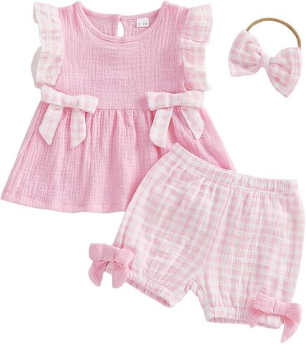 FOCUSNORM Toddler Baby Girl Outfits Plaid Flying Sleeve Ruffle Tops Shorts Sets and Headband Infant Baby Girl Summer Clothes in Kuwait