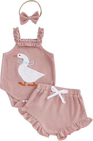 Newborn Baby Girl Clothes Silly Goose Outfit Waffle Knit Sleeveless Romper Ruffle Shorts Set Spring Summer Clothes in Kuwait