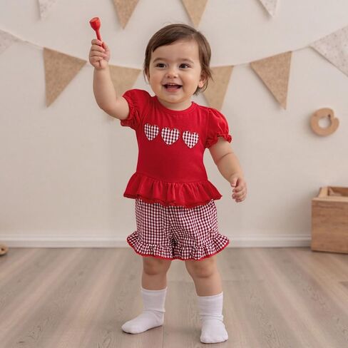 Yccutest الرضع عيد الحب الزي طفلة القلب مجموعة نفخة الأكمام كشكش تي شيرت والسراويل منقوشة طفل الربيع الملابس مجموعة in Kuwait