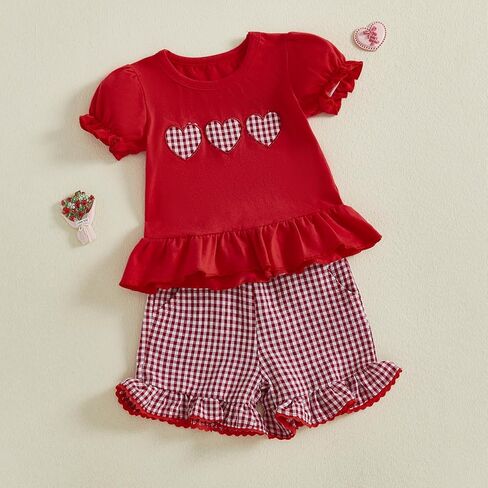 Yccutest الرضع عيد الحب الزي طفلة القلب مجموعة نفخة الأكمام كشكش تي شيرت والسراويل منقوشة طفل الربيع الملابس مجموعة in Kuwait