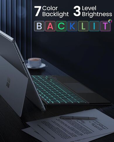 لوحة مفاتيح MoKo لجهاز Surface Pro 11، لوحة مفاتيح بلوتوث لاسلكية محمولة رفيعة للغاية Microsoft Surface Pro 11/10/9/8/X مع لوحة تتبع مقاومة لراحة اليد، إضاءة خلفية 7 ألوان، حامل قلم، عمر بطارية طويل، أسود in Kuwait
