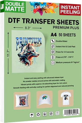 أوراق فيلم نقل DTF مقاس A4 - 100 حزمة (8.3 بوصة × 11.7 بوصة) - ممتازة مزدوجة غير لامعة ومضادة للكهرباء الساكنة - تقشير ساخن وبارد - متوافقة مع طابعات DTF - فيلم نقل حراري لألوان نابضة بالحياة ومطبوعات متينة in Kuwait