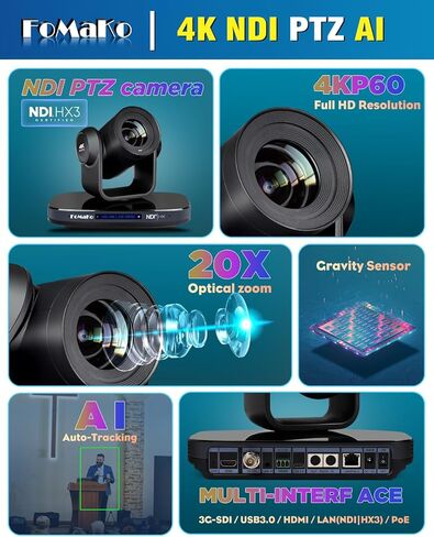 كاميرا FoMaKo 60FPS 4K NDI PTZ، تكبير بصري 20X، محول فيديو KC800 4K HDMI متكامل وحدة تحكم PTZ مدمجة للاستوديو المباشر، عروض المسرح البث المباشر (K820NX3+KC800) in Kuwait