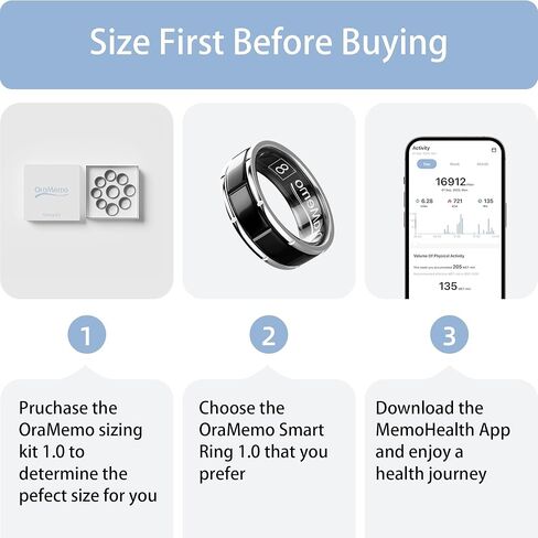 Smart Ring 1.0 for Men/Women, No Subsripition Fee, 7-8 Days Battery Life, HRV/Stress Monitoring/Sleep Track/Fitness for iOS and Android(Gloss Black & Silver, Size 14) in Saudi Arabia
