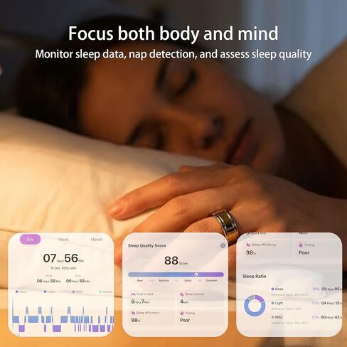 Smart Ring 1.0 for Men/Women, No Subsripition Fee, 7-8 Days Battery Life, HRV/Stress Monitoring/Sleep Track/Fitness for iOS and Android(Gloss Black & Silver, Size 14) in Saudi Arabia