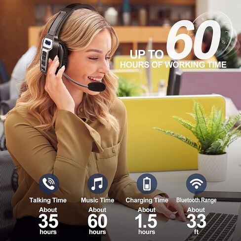 سماعة رأس بلوتوث من تراكر، سماعة رأس لاسلكية V5.2 مع ميكروفون مطور وخاصية إلغاء الضوضاء بالذكاء الاصطناعي، سماعة رأس بلوتوث على الأذن مع كتم صوت لمركز اتصال مكتب السائق in Kuwait