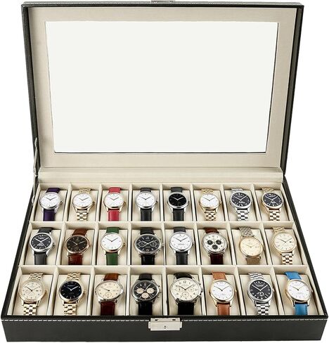 ATPEAM 24 SLOT WATTE CASE WATTE CASE منظم للرجال النساء الأسود الاصطناعية الاصطناعية للماء مقاومة لتخزين قفل قابلية للقفل مع غطاء زجاجي in Kuwait
