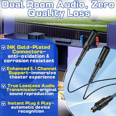 1 in 2 Out Optical Audio Splitter, Digital Fiber Optic Splitter 1 Male Input 2 Female Output, Supports LPCM/DTS for Xbox, PS5, Home Theatre & TV Box in Kuwait