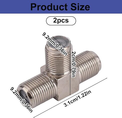 2pcs Coaxial Cable Splitter, Zinc Alloy 3 Way F-Type Female to Dual F Female 3-Way Aerial Splitter Antenna Combiner T-Shape Coax Connector Cable Adapter for TV Video VCR Satellite Tuner in Saudi Arabia