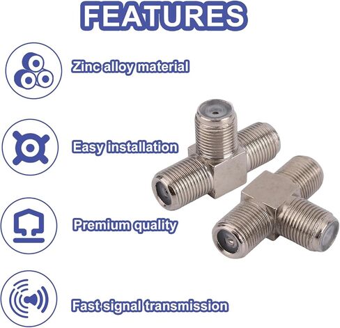 2pcs Coaxial Cable Splitter, Zinc Alloy 3 Way F-Type Female to Dual F Female 3-Way Aerial Splitter Antenna Combiner T-Shape Coax Connector Cable Adapter for TV Video VCR Satellite Tuner in Saudi Arabia