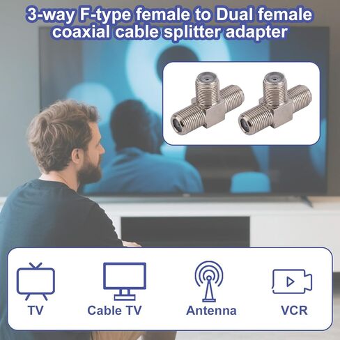 2pcs Coaxial Cable Splitter, Zinc Alloy 3 Way F-Type Female to Dual F Female 3-Way Aerial Splitter Antenna Combiner T-Shape Coax Connector Cable Adapter for TV Video VCR Satellite Tuner in Saudi Arabia