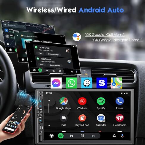 ستيريو سيارة مزدوج الدين مقاس 7 بوصات مع Apple CarPlay وAndroid Auto اللاسلكي، DSP حصريًا، صوت عالي الطاقة 240 وات، بلوتوث 5.3 بدون استخدام اليدين، راديو FM، التحكم في عجلة القيادة، كاميرا احتياطية تلقائية in Kuwait