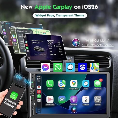 ستيريو سيارة مزدوج الدين مقاس 7 بوصات مع Apple CarPlay وAndroid Auto اللاسلكي، DSP حصريًا، صوت عالي الطاقة 240 وات، بلوتوث 5.3 بدون استخدام اليدين، راديو FM، التحكم في عجلة القيادة، كاميرا احتياطية تلقائية in Kuwait