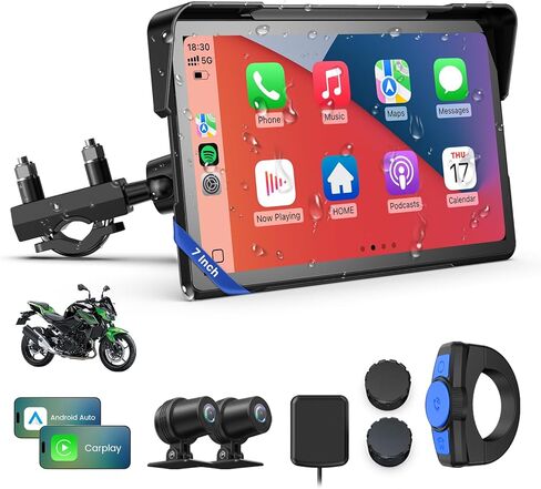 شاشة WonVon Motorcycle CarPlay مع نظام Android Auto - نظام تحديد المواقع العالمي (GPS) مقاس 7 بوصات مقاوم للماء، Pantalla para Moto، Apple CarPlay، نظام ملاحة للدراجات النارية، كاميرا داش مزدوجة 4K صوت بلوتوث، BSD وTPMS in Kuwait