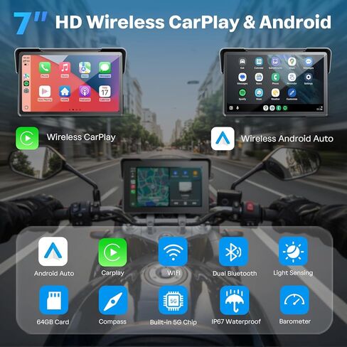 شاشة WonVon Motorcycle CarPlay مع نظام Android Auto - نظام تحديد المواقع العالمي (GPS) مقاس 7 بوصات مقاوم للماء، Pantalla para Moto، Apple CarPlay، نظام ملاحة للدراجات النارية، كاميرا داش مزدوجة 4K صوت بلوتوث، BSD وTPMS in Kuwait