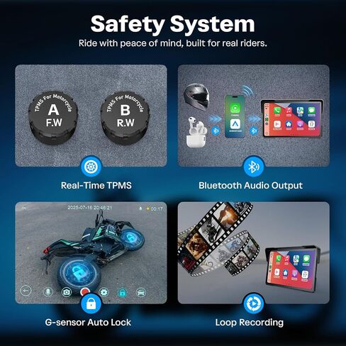 شاشة WonVon Motorcycle CarPlay مع نظام Android Auto - نظام تحديد المواقع العالمي (GPS) مقاس 7 بوصات مقاوم للماء، Pantalla para Moto، Apple CarPlay، نظام ملاحة للدراجات النارية، كاميرا داش مزدوجة 4K صوت بلوتوث، BSD وTPMS in Kuwait