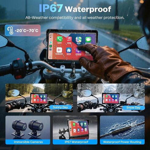 شاشة WonVon Motorcycle CarPlay مع نظام Android Auto - نظام تحديد المواقع العالمي (GPS) مقاس 7 بوصات مقاوم للماء، Pantalla para Moto، Apple CarPlay، نظام ملاحة للدراجات النارية، كاميرا داش مزدوجة 4K صوت بلوتوث، BSD وTPMS in Kuwait