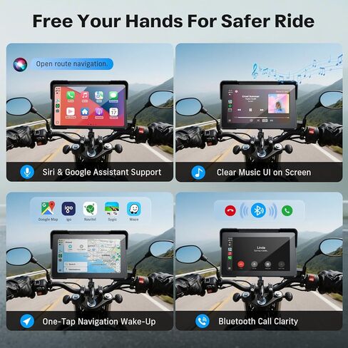شاشة WonVon Motorcycle CarPlay مع نظام Android Auto - نظام تحديد المواقع العالمي (GPS) مقاس 7 بوصات مقاوم للماء، Pantalla para Moto، Apple CarPlay، نظام ملاحة للدراجات النارية، كاميرا داش مزدوجة 4K صوت بلوتوث، BSD وTPMS in Kuwait