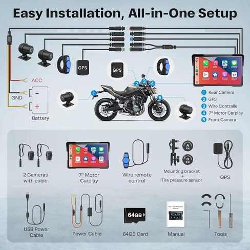 شاشة WonVon Motorcycle CarPlay مع نظام Android Auto - نظام تحديد المواقع العالمي (GPS) مقاس 7 بوصات مقاوم للماء، Pantalla para Moto، Apple CarPlay، نظام ملاحة للدراجات النارية، كاميرا داش مزدوجة 4K صوت بلوتوث، BSD وTPMS in Kuwait