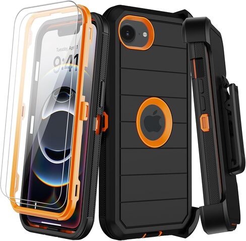 for iPhone 16e Case with Belt Clip Holster,Screen Protector X2,Heavy Duty Shockproof Drop Protection Military Grade 3 Layers Full Covered Rugged Durable Phone Cover for Apple 16e (Black Orange) in Saudi Arabia