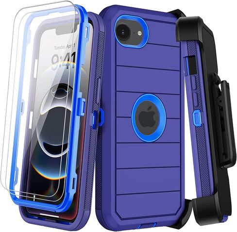 for iPhone 16e Case with Belt Clip Holster,Screen Protector X2,Heavy Duty Shockproof Drop Protection Military Grade 3 Layers Full Covered Rugged Durable Phone Cover for Apple 16e (Black Orange) in Saudi Arabia
